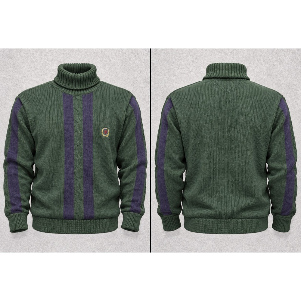 Vintage Tommy Hilfiger Turtleneck Sweater Men L Green Purple Striped Ribbed Knit